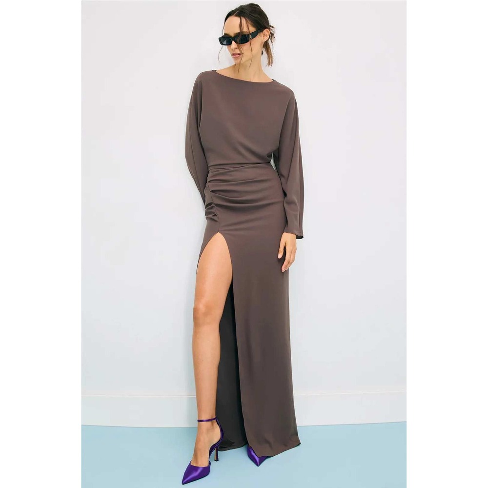LAPOINTE Ruched Side Slit Long Sleeve Maxi Dress Taupe Size 2